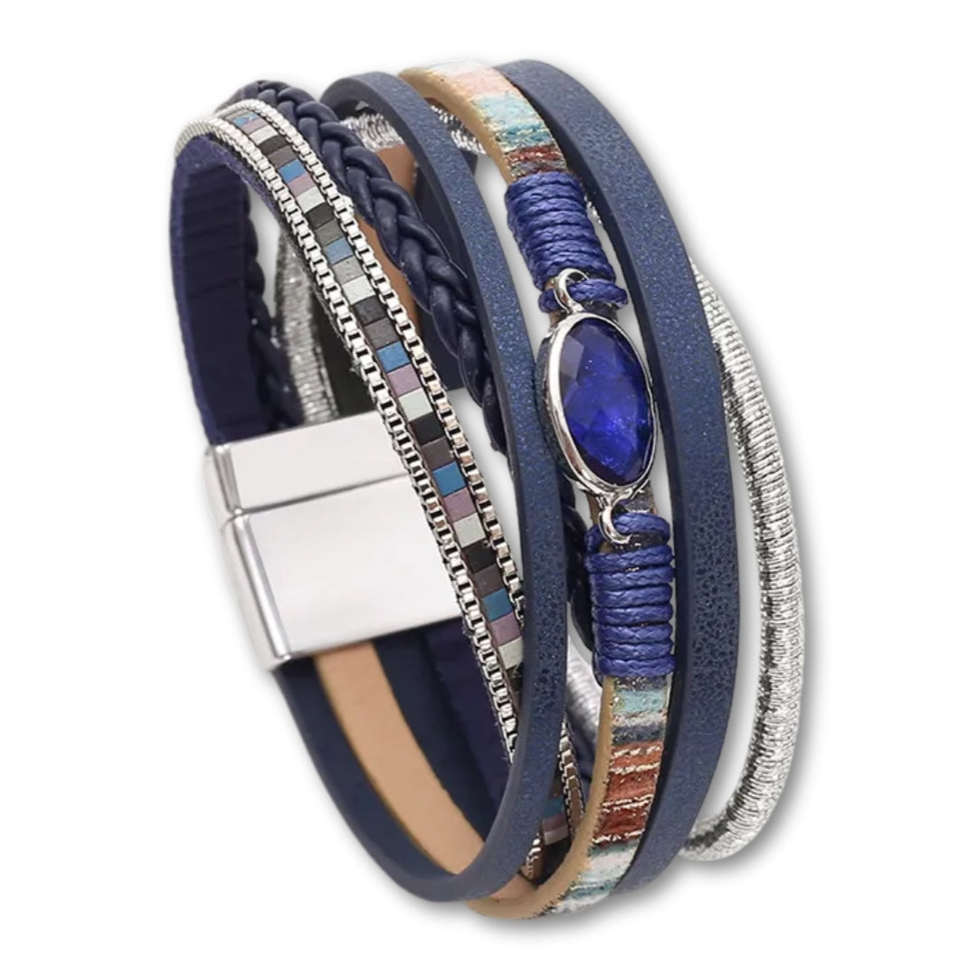 Bracelet Tressé Cuir Multicolore Crystal Bleu Foncé