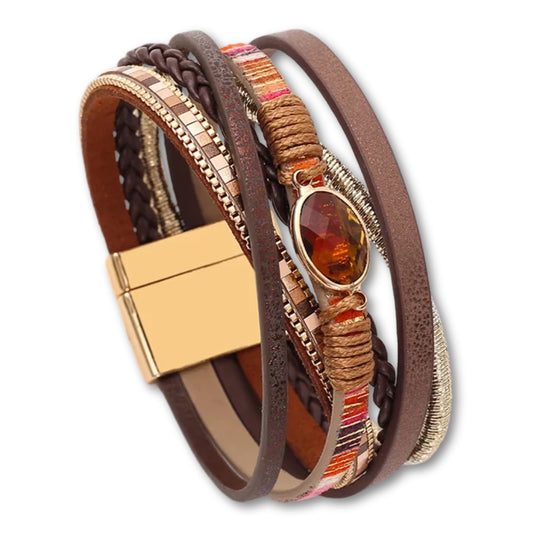 Bracelet Tressé Cuir Multicolore Crystal Marron