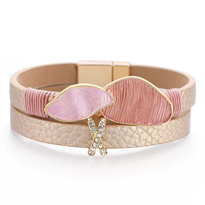 Double Layer Ladies Fashion Bracelet Vintage Dual Color Painted Drip Oil Rhinestone Hotfixed Stylish Waterdrop Design Leather