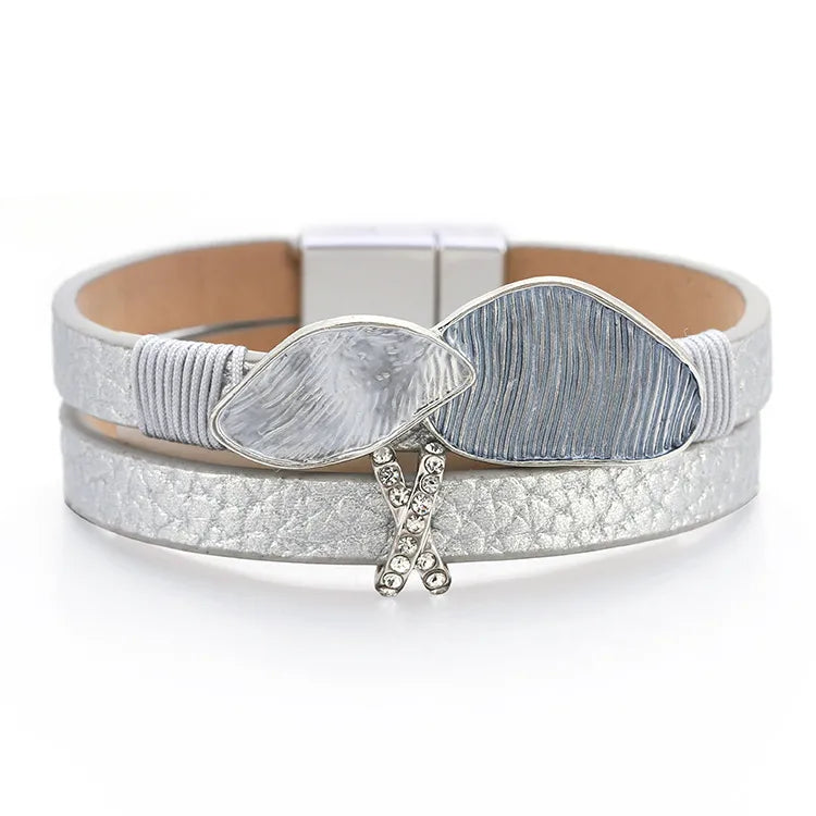 Double Layer Ladies Fashion Bracelet Vintage Dual Color Painted Drip Oil Rhinestone Hotfixed Stylish Waterdrop Design Leather