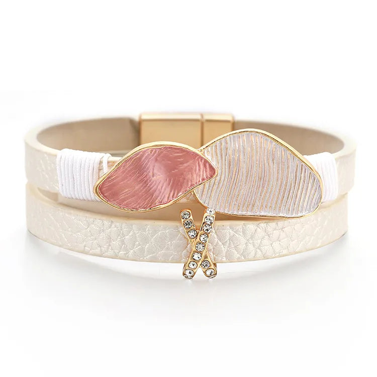Double Layer Ladies Fashion Bracelet Vintage Dual Color Painted Drip Oil Rhinestone Hotfixed Stylish Waterdrop Design Leather