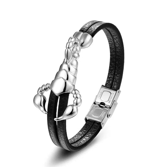 MKENDN – Bracelet Punk en cuir véritable pour homme et femme, en acier inoxydable, motif Animal Scorpio, bijoux Vintage Argent / 19cm