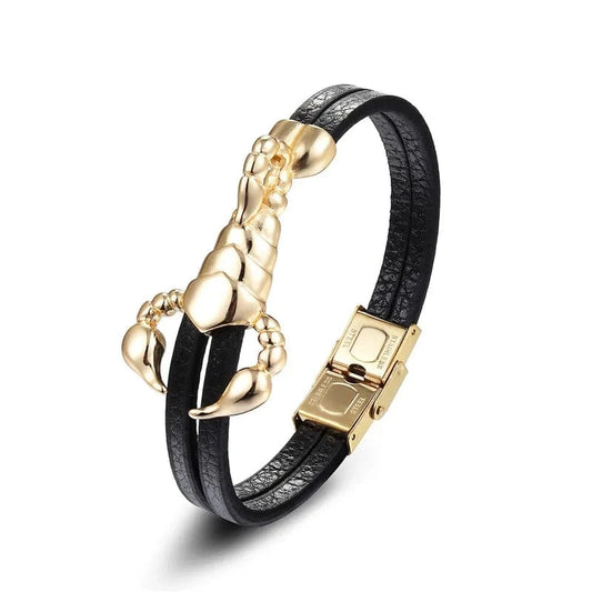 MKENDN – Bracelet Punk en cuir véritable pour homme et femme, en acier inoxydable, motif Animal Scorpio, bijoux Vintage Or / 19cm