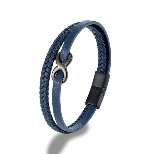 MKENDN classique hommes multicouche noir tressé Bracelets en cuir pour femmes noir acier amitié infini amour noeud numéro 8 cadeaux Bleu / 19cm