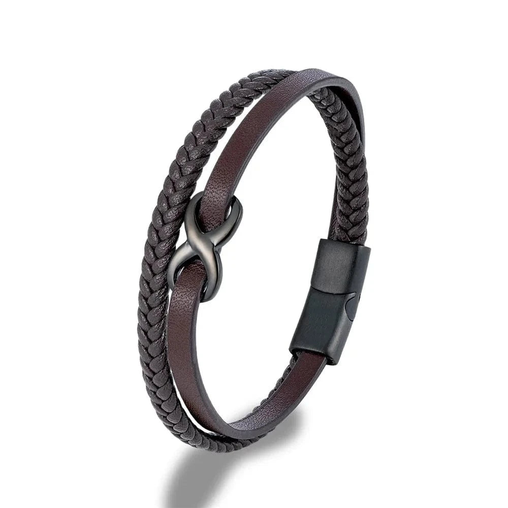 MKENDN classique hommes multicouche noir tressé Bracelets en cuir pour femmes noir acier amitié infini amour noeud numéro 8 cadeaux Marron / 19cm