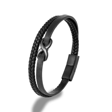 MKENDN classique hommes multicouche noir tressé Bracelets en cuir pour femmes noir acier amitié infini amour noeud numéro 8 cadeaux Noir / 19cm