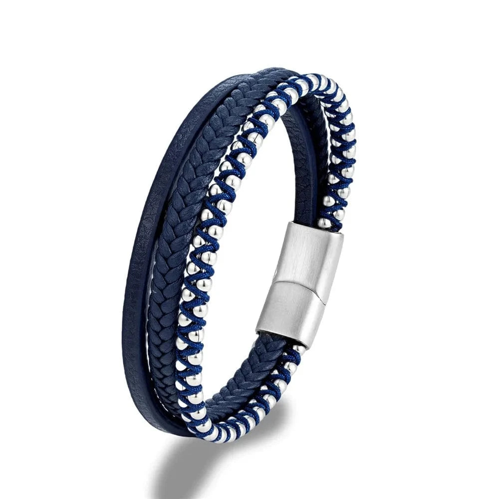MKENDN nouveau Design Punk Bracelet en cuir hommes mode perlée multicouche Bracelet en cuir pour hommes nouvel an bijoux cadeau Bleu / 19cm