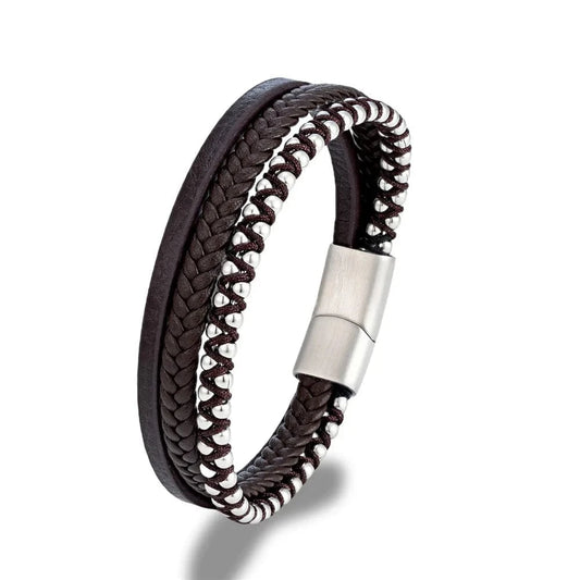 MKENDN nouveau Design Punk Bracelet en cuir hommes mode perlée multicouche Bracelet en cuir pour hommes nouvel an bijoux cadeau Marron / 19cm