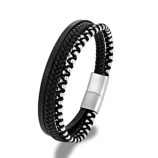 MKENDN nouveau Design Punk Bracelet en cuir hommes mode perlée multicouche Bracelet en cuir pour hommes nouvel an bijoux cadeau Noir / 19cm