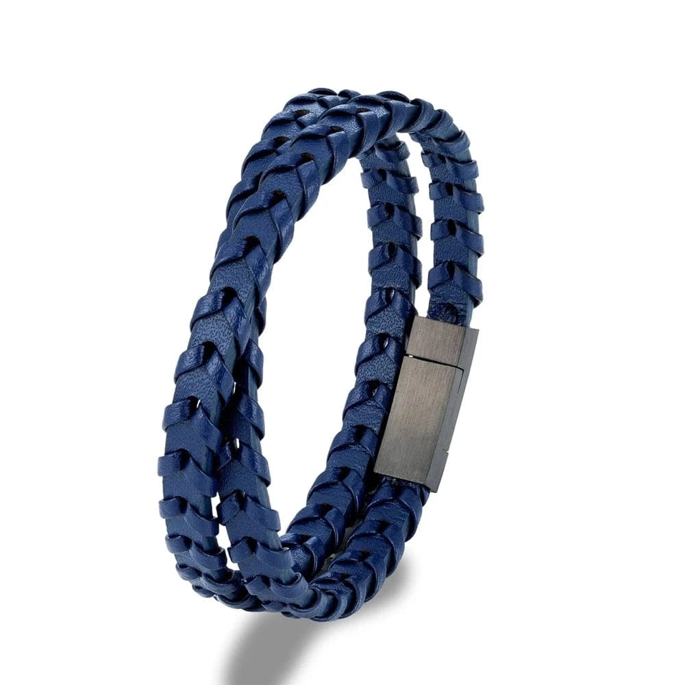 MKENjazz-Bracelet en cuir double couche pour homme, ULtressée, bouton en acier inoxydable, accessoires noirs, bijoux cadeaux, style simple, 256 Bleu / 19cm