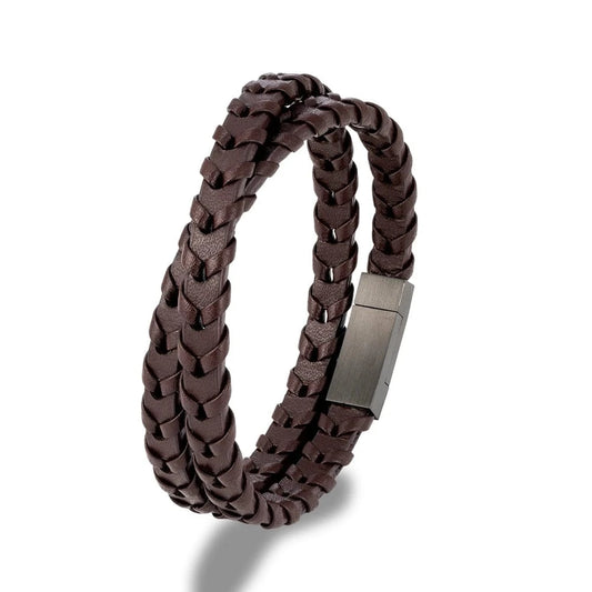 MKENjazz-Bracelet en cuir double couche pour homme, ULtressée, bouton en acier inoxydable, accessoires noirs, bijoux cadeaux, style simple, 256 Marron / 19cm