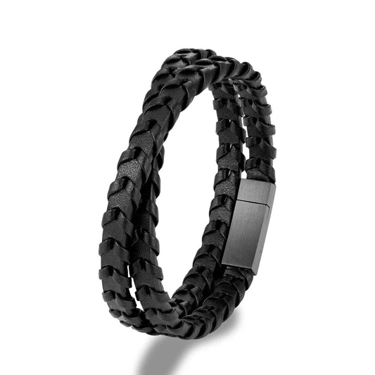 MKENjazz-Bracelet en cuir double couche pour homme, ULtressée, bouton en acier inoxydable, accessoires noirs, bijoux cadeaux, style simple, 256 Noir / 19cm