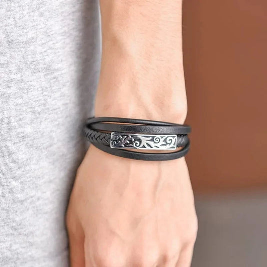 MKENjazz-Bracelet en cuir multicouche pour homme, accessoires vintage sculptés, acier inoxydable, bijoux viking