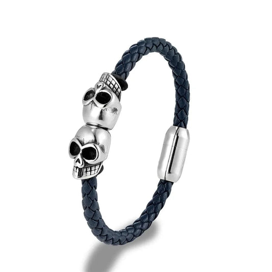 MKENjazz-Bracelet tête de mort en cuir tressé noir pour homme, acier inoxydable, bijoux gothiques, punk, rock, jumeaux Bleu / 19cm