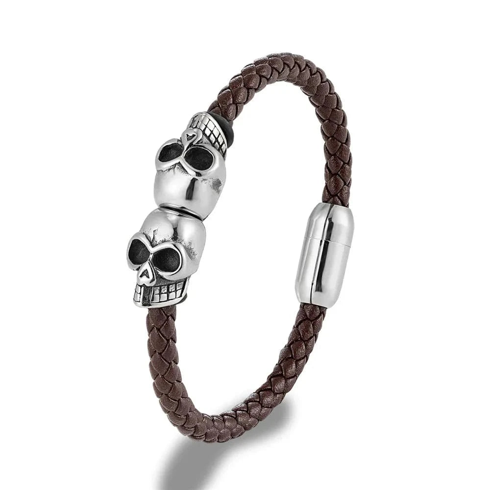 MKENjazz-Bracelet tête de mort en cuir tressé noir pour homme, acier inoxydable, bijoux gothiques, punk, rock, jumeaux Marron / 19cm
