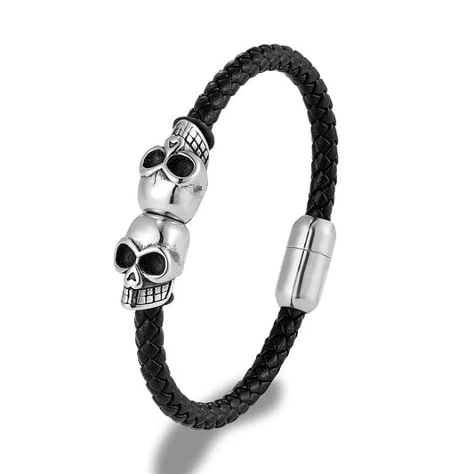 MKENjazz-Bracelet tête de mort en cuir tressé noir pour homme, acier inoxydable, bijoux gothiques, punk, rock, jumeaux Noir / 19cm