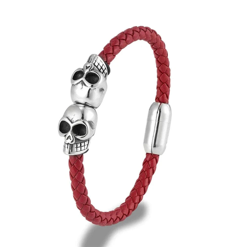 MKENjazz-Bracelet tête de mort en cuir tressé noir pour homme, acier inoxydable, bijoux gothiques, punk, rock, jumeaux Rouge / 19cm