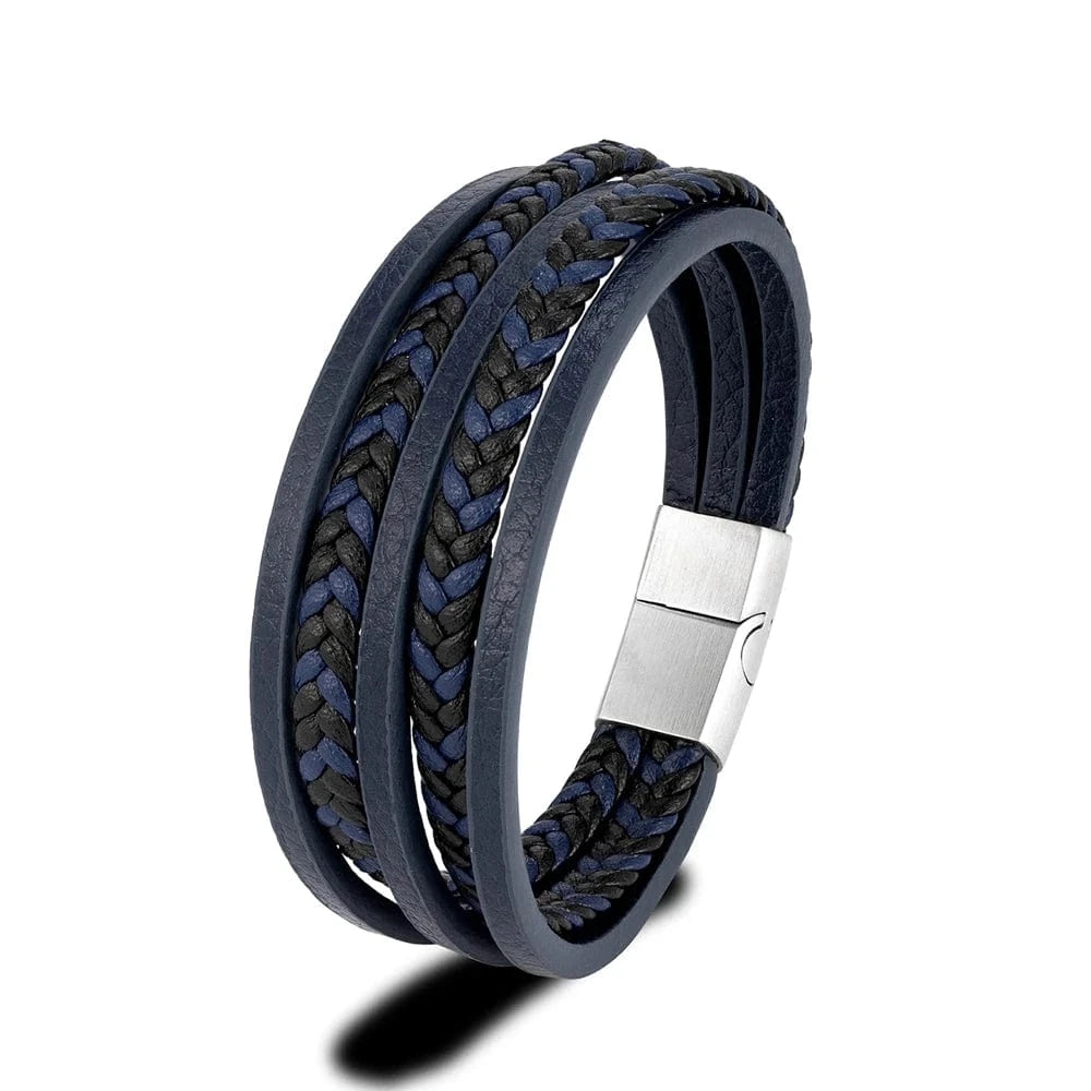 MKENjazz-Bracelets à breloques en cuir multicouches pour hommes, ULtressée tissée, bracelet en acier inoxydable punk, bijoux navire chia, cadeaux à la mode Bleu / 19cm