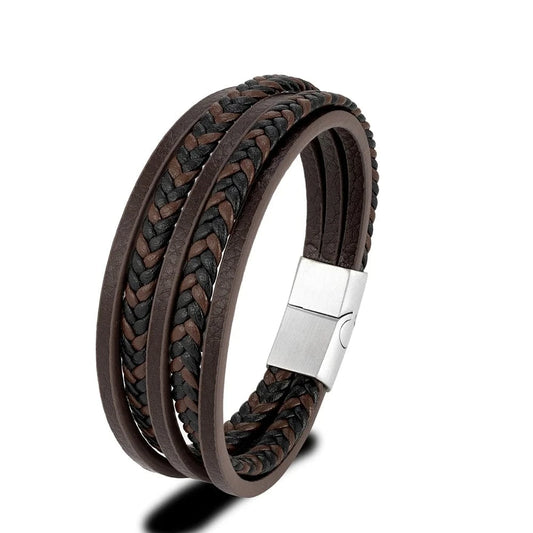 MKENjazz-Bracelets à breloques en cuir multicouches pour hommes, ULtressée tissée, bracelet en acier inoxydable punk, bijoux navire chia, cadeaux à la mode Marron / 19cm