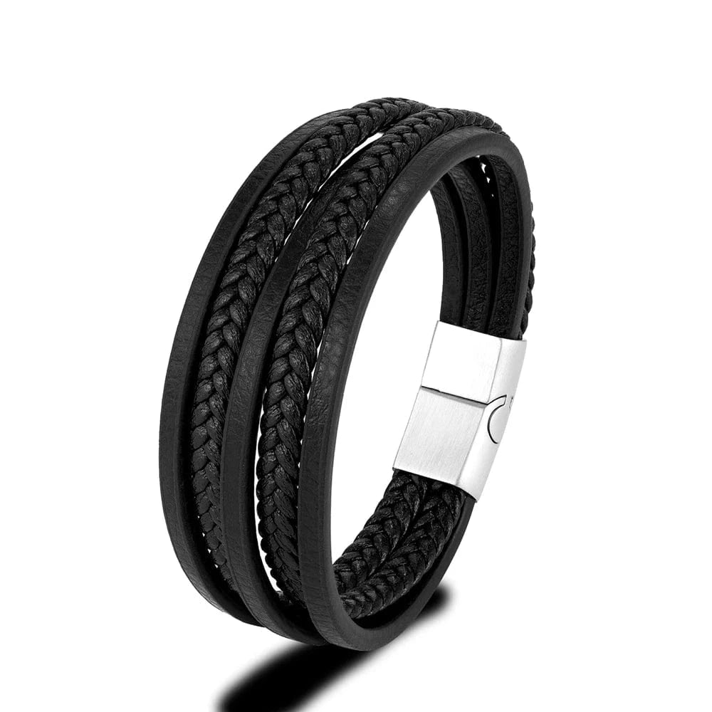 MKENjazz-Bracelets à breloques en cuir multicouches pour hommes, ULtressée tissée, bracelet en acier inoxydable punk, bijoux navire chia, cadeaux à la mode Noir / 19cm