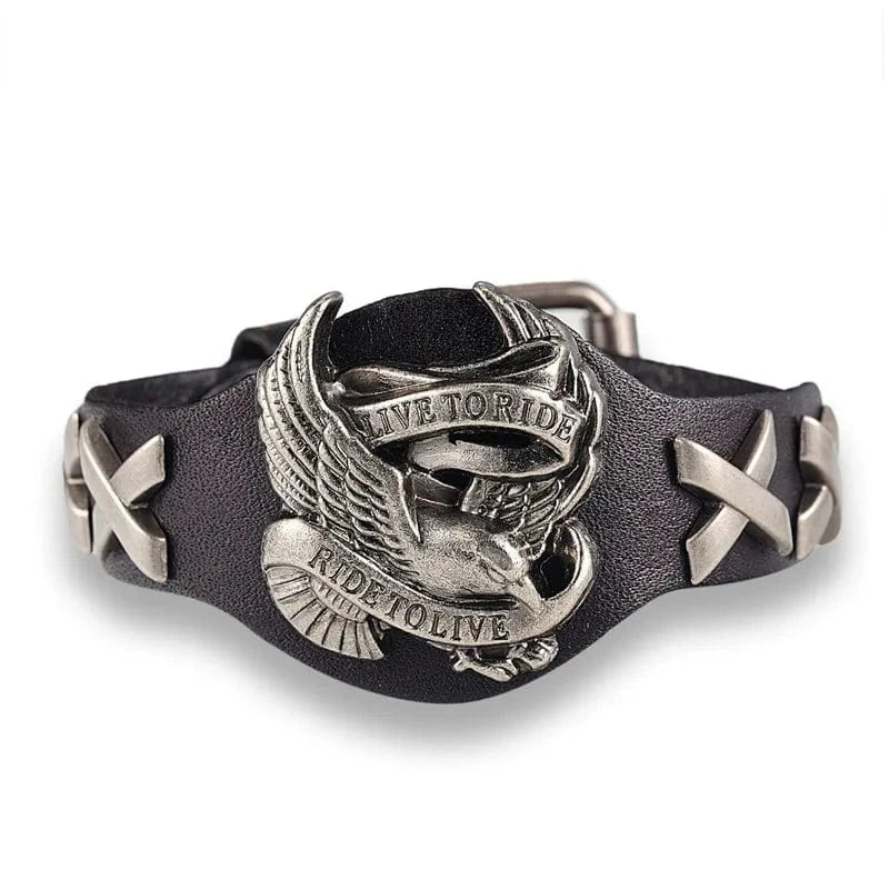 MKENJazz-Bracelets en cuir véritable pour hommes et femmes, offre spéciale, tour à vivre, crâne d'oiseau, rétro Noir