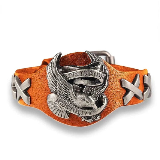 MKENJazz-Bracelets en cuir véritable pour hommes et femmes, offre spéciale, tour à vivre, crâne d'oiseau, rétro Orange