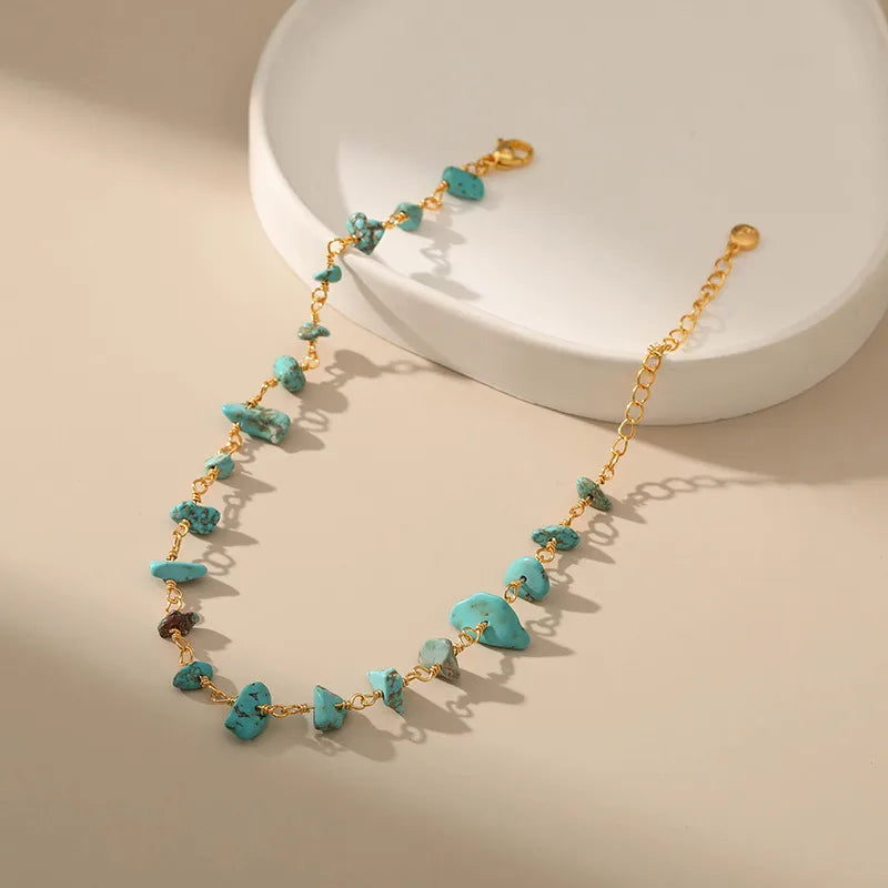 Bracelet Cheville Turquoise Pierre Naturelle Cuivre Doré | WristArt