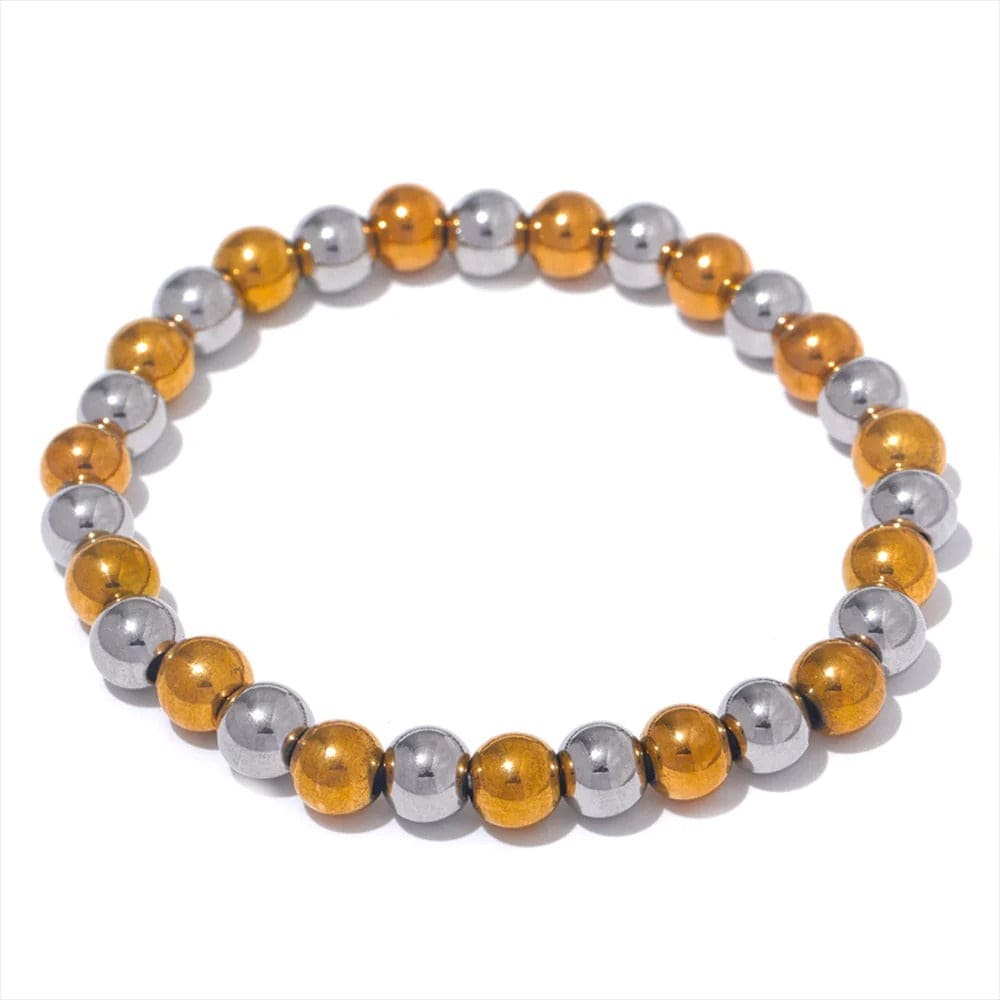 Yhpup 3/4/5/6 MM Stainless Steel Beads Daily Handmade Elastic Bracelet Bangle Waterproof Wrist Wholesale Gold Color Jewelry Men Bicolore / 6mm