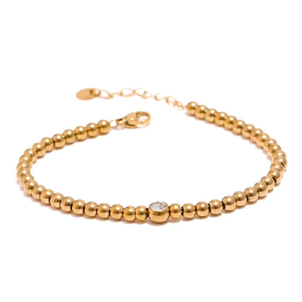 Yhpup Bracelet en chaîne de perles en acier inoxydable Bijoux en zircone cubique Bracelet étanche en métal doré à la mode брас geziты жleti possibil Or