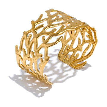 Yhpup déclaration brindille en acier inoxydable géométrique creux large manchette grand Bracelet Bracelet pour femmes étanche grands bijoux Or