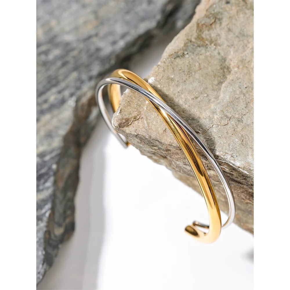 Yhpup imperméable 18K plaqué or géométrique en acier inoxydable Double couleur manchette Bracelet déclaration charme Texture bijoux nouveau YH1632A