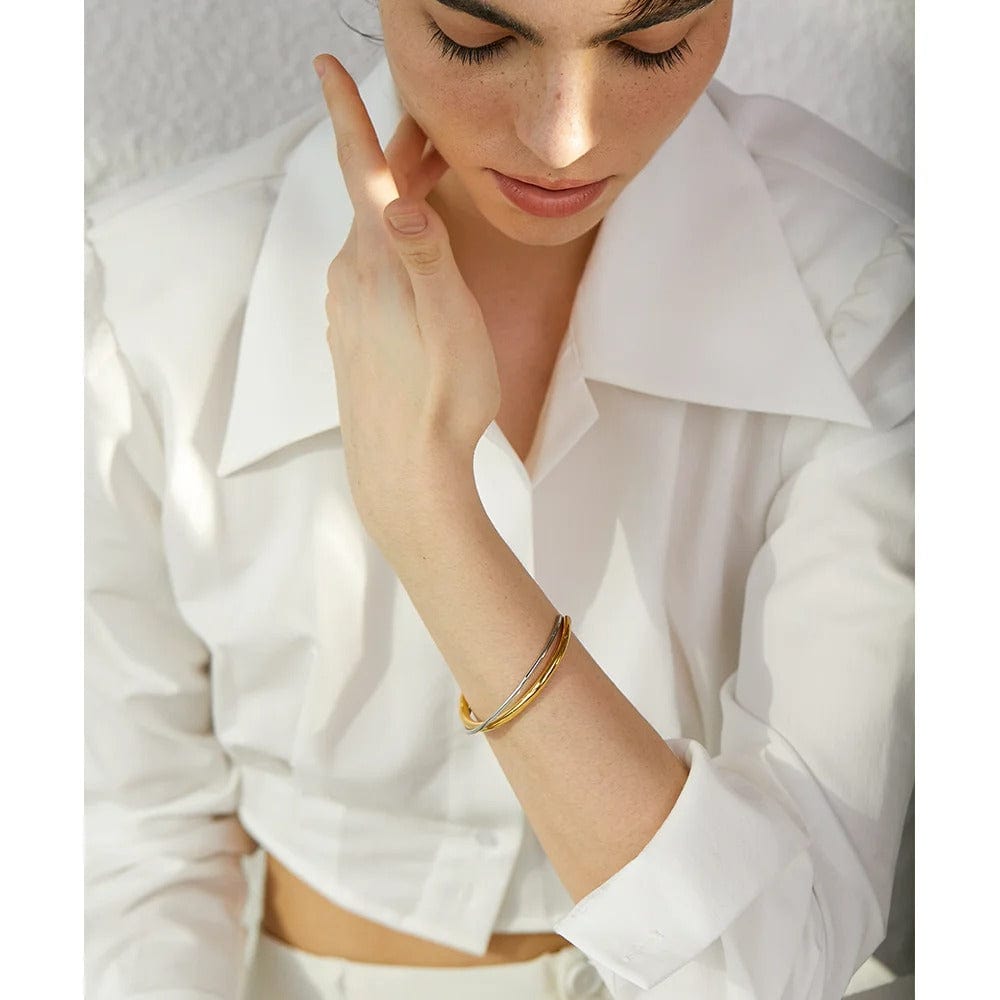 Yhpup imperméable 18K plaqué or géométrique en acier inoxydable Double couleur manchette Bracelet déclaration charme Texture bijoux nouveau YH1632A