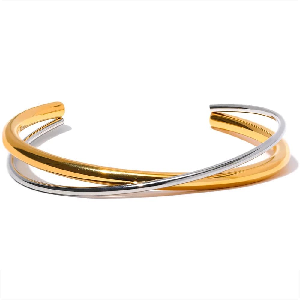 Yhpup imperméable 18K plaqué or géométrique en acier inoxydable Double couleur manchette Bracelet déclaration charme Texture bijoux nouveau YH1632A
