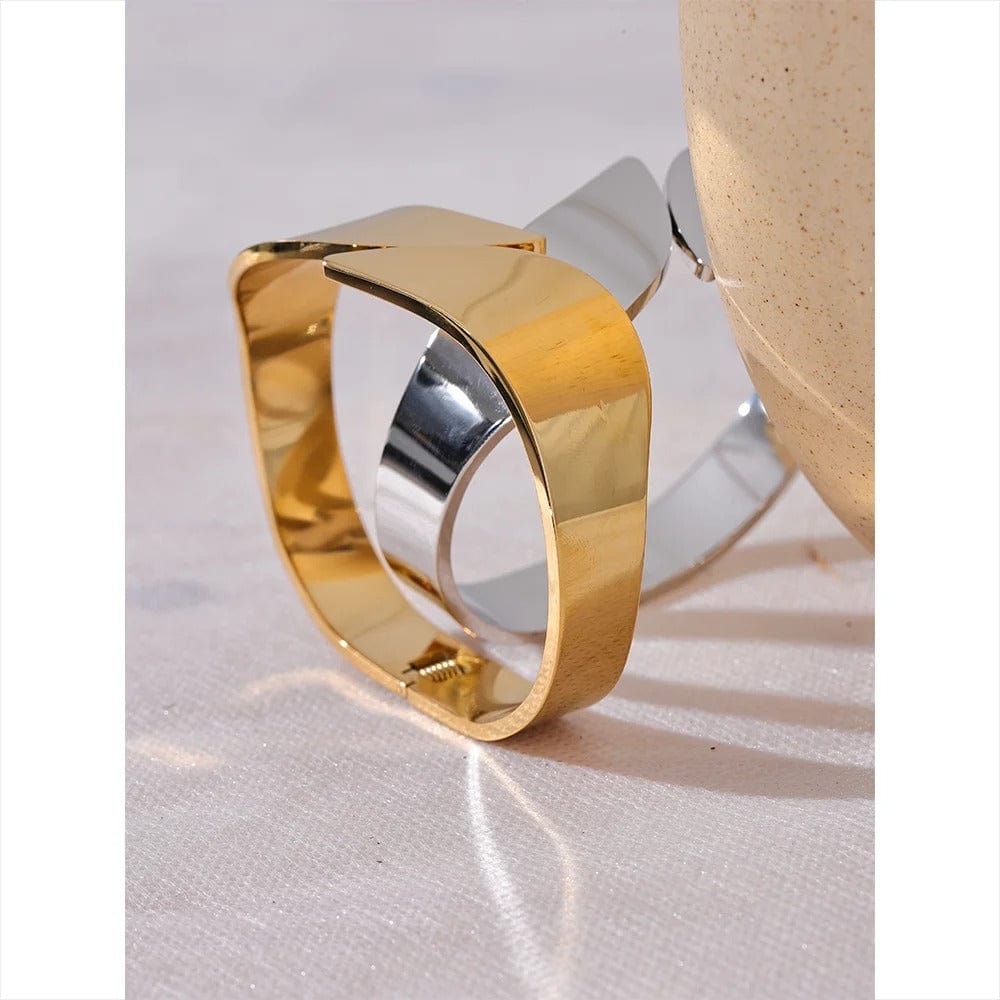 Yhpup nouveau Bracelet géométrique large en acier inoxydable lisse brillant Texture métallique plaqué or 18 carats PVD bijoux imperméables 2024
