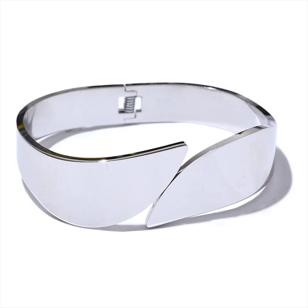 Yhpup nouveau Bracelet géométrique large en acier inoxydable lisse brillant Texture métallique plaqué or 18 carats PVD bijoux imperméables 2024 Platine