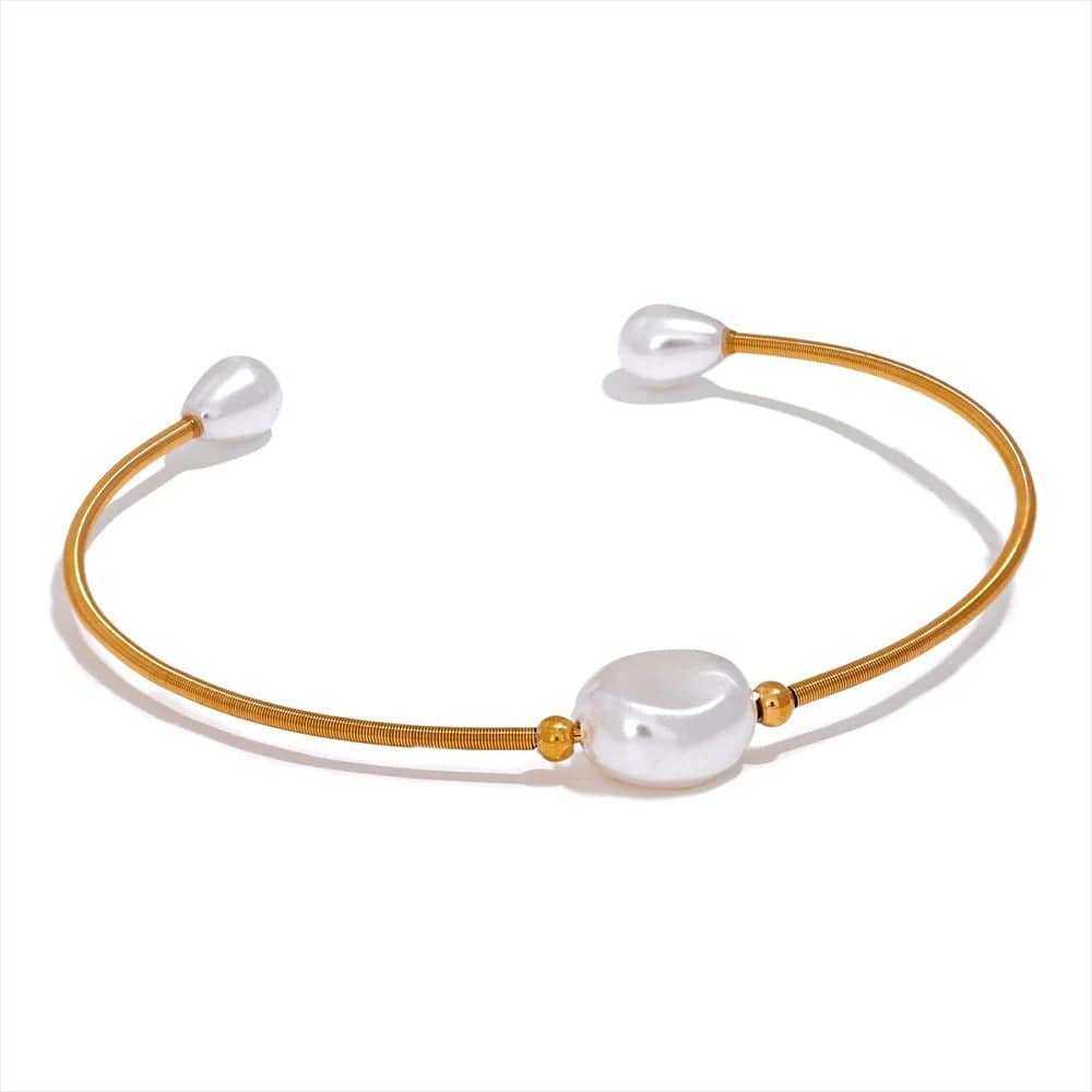 Yhpup perles d'imitation acier inoxydable couleur or manchette mince Bracelet ouvert Bracelet à la mode Chic Bijoux de mode Bijoux pour les femmes YH2265A