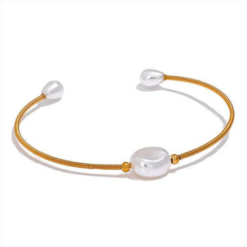 Yhpup perles d'imitation acier inoxydable couleur or manchette mince Bracelet ouvert Bracelet à la mode Chic Bijoux de mode Bijoux pour les femmes YH2265A