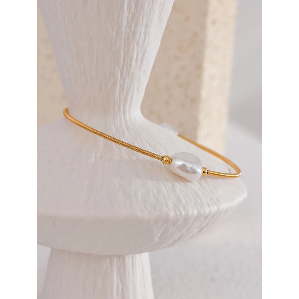 Yhpup perles d'imitation acier inoxydable couleur or manchette mince Bracelet ouvert Bracelet à la mode Chic Bijoux de mode Bijoux pour les femmes YH2265A