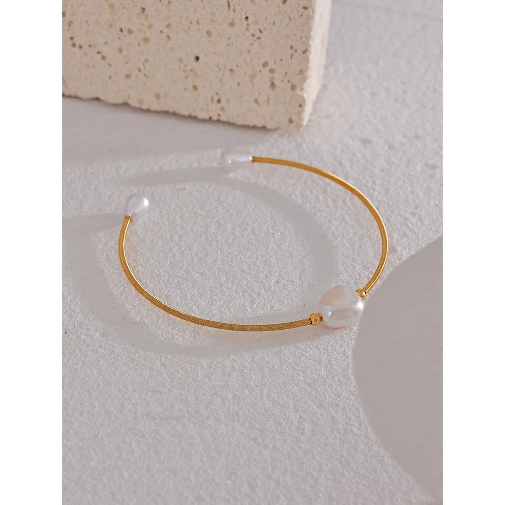 Yhpup perles d'imitation acier inoxydable couleur or manchette mince Bracelet ouvert Bracelet à la mode Chic Bijoux de mode Bijoux pour les femmes YH2265A